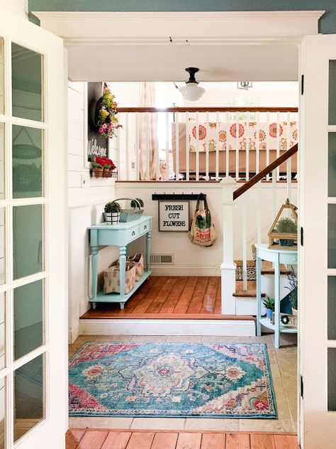 Colorful Country Cottage Interiors, Cottage Farmhouse Entryway, Modern Farmhouse With Pops Of Color, Modern Colorful Farmhouse, Farmhouse Decor Colorful, Colorful Farmhouse Interior, Adding Color To Farmhouse Style, Home Decor Ideas With Color, Add Pops Of Color To Home