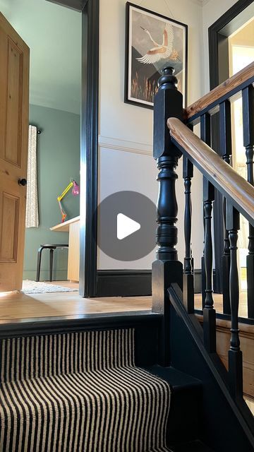 Katherine | Interior design & DIY on Instagram: "I always get asked where our stair runner ends, so hopefully this helps!   The stair runner ends on the top riser, we then painted the very top step / floorboard in @farrowandball Railings to create an end to the stair colour. The floorboards were sanded and sealed with @osmo_uk in Polyx-oil raw matt finish.  We have floorboards in the bedrooms so I think having it run through the landing too creates continuity.  Do you have floorboards on your landing or do you prefer a cosy carpet? .  DETAILS The stair carpet runner is from @hughmackaycarpets and called Deco Collection Two Tone Magpie Stripe. We bought from a local carpet shop and they also organised the fitting.  The stairs are painted in Railings by @farrowandball.  Walls are Strong Whit Painted Stairs And Landing, Top Stairs Landing Decor, Stair Runner Landing Turn, Stair Runner Top Of Stairs, Stair Runner Carpet Top Of Stairs, Black Painted Banister, Painted Risers On Stairs, Stair Runner Landing, Striped Stair Carpet