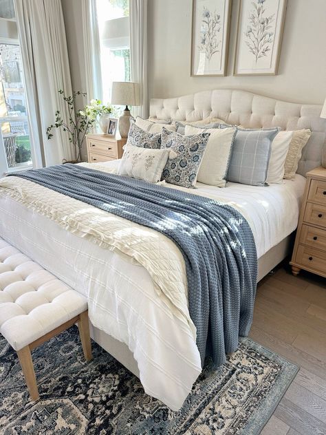 My Texas House Sienna Cotton Yarn … curated on LTK Bedroom Ideas Blues And Grays, Tuft Bedroom Ideas, Blue White Bedding Ideas, Blue Grey Room Bedrooms, Cream Bedroom With Green Accents, Farmhouse Bedroom Colorful, Small Cozy Primary Bedroom, Bedroom Inspirations Farmhouse Modern, Large Carpet Bedroom