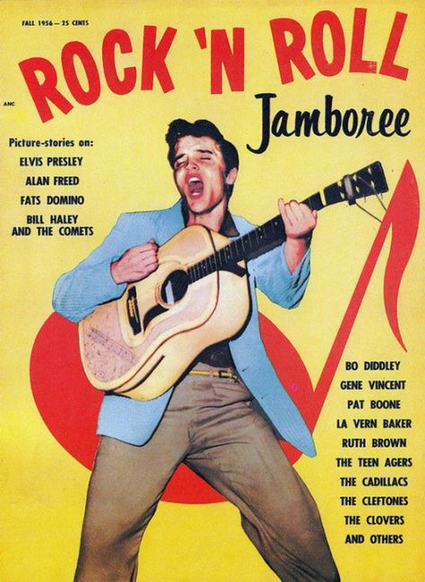 Elvis Presley on the cover of Rock ‘N Roll Jamboree, Fall 1956. Alan Freed, 50s Rock And Roll, 50s Music, Rockabilly Music, Bill Haley, Vintage Concert Posters, Vintage Music Posters, Rock N Roll Music, Rock N’roll