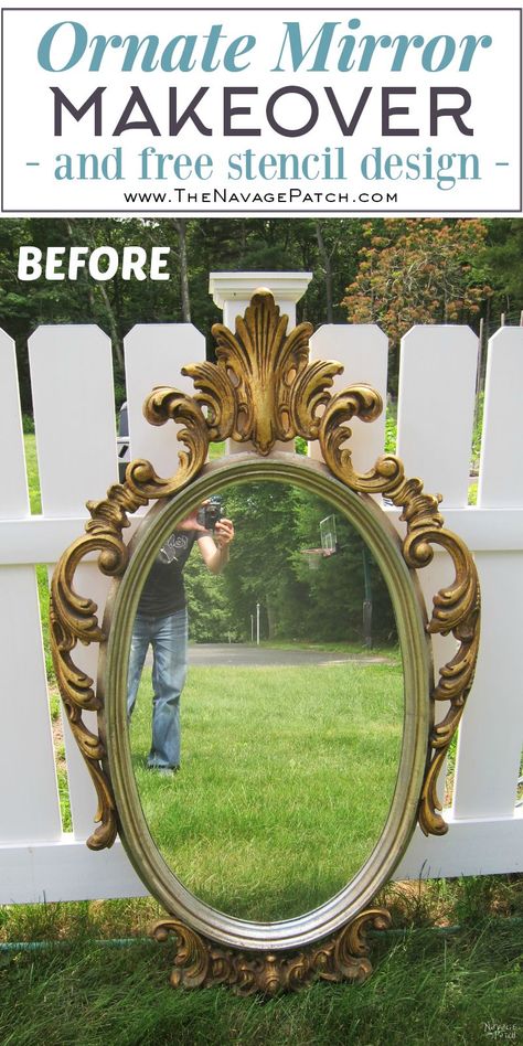 Ornate Mirror Makeover | Free Irish Blessing Stencil Design | How to use metallic wax | DIY chalk paint recipe | Free stencil printable | DIY furniture makeover | How to use homemade chalk paint with paint sprayer | Wagner paint sprayer | #TheNavagePatch #Paintedfurniture #Furnituremakeover #Wagner #freeprintable #freestencil #HowTo #diy #paintsprayer #homedecor | TheNavagePatch.com Painted Ornate Mirror, Ornate Mirror Makeover, Chalk Paint Mirror, Mirror Makeover Diy, Mirror Effect Spray Paint, Mirror Redo, Shabby Mirror, Wagner Paint Sprayer, Painting Mirror Frames