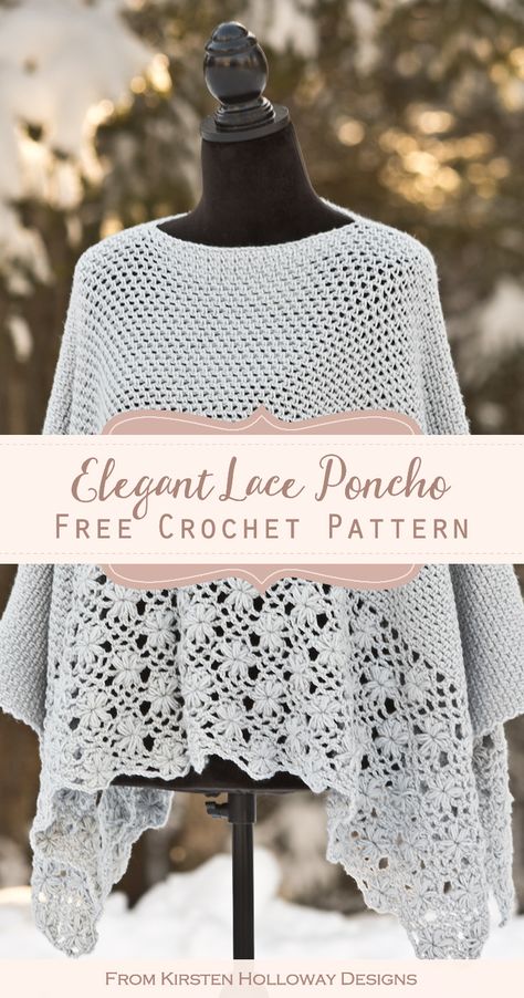 Crochet a beautiful lace poncho for women with this elegant, free pattern. Includes plus sizes! #crochetpatternsfree #kirstenhollowaydesigns #crochetponchopatterns #crochetlaceponcho Elegant Poncho Crochet Pattern, Crochet Plus Size Vest Pattern Free, Plus Size Crochet Poncho Pattern Free, Plus Size Poncho Pattern, Crochet Poncho Shawl, Lace Poncho Crochet Pattern, Plus Size Crochet Patterns Free Summer, Kirsten Holloway Designs, Free Crochet Pattern Poncho