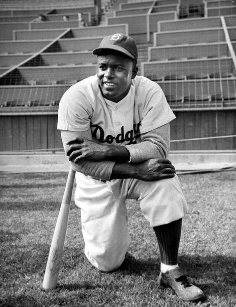 Jackie Robinson poses for LIFE’s Allan Grant during filming of The Jackie Robinson Story, 1950 Sports Figures, Baseball Pictures, Jackie Robinson, Dodgers Baseball, Sports Hero, American Icons, Time Life, Sports Pictures, Play Ball