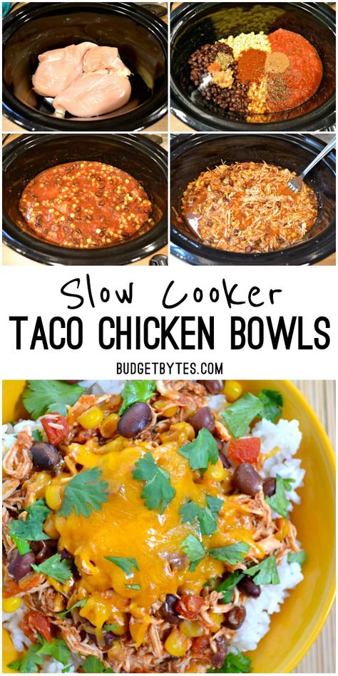 Taco Chicken Bowls are the easiest and most flavorful slow cooker meal you'll ever make. BudgetBytes.com Taco Chicken Bowls, Mexican Bowl Recipe, Crockpot Meal Prep, Crockpot Chicken Dinners, Chicken Taco Bowls, Taco Chicken, Slow Cooker Meal, Chicken Bowls, Easy Crockpot Chicken