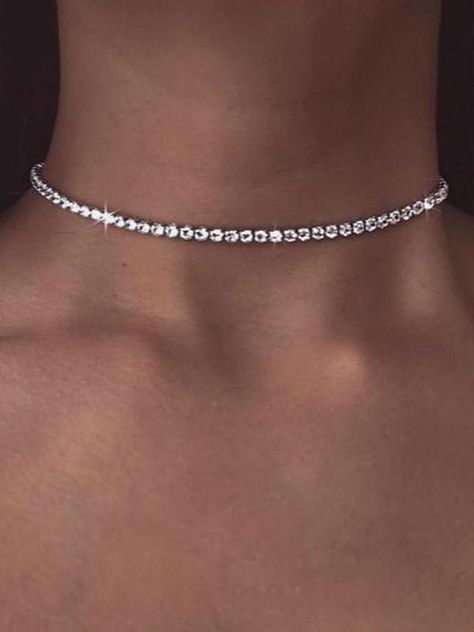 Rhinestone Necklace Choker, Choker Necklace Diamond, Silver Necklace Choker, Aesthetic Assecories, Rhinestone Aesthetic, Necklace For Prom, Diamonds Choker, Diamond Chocker, Diamond Necklace Choker