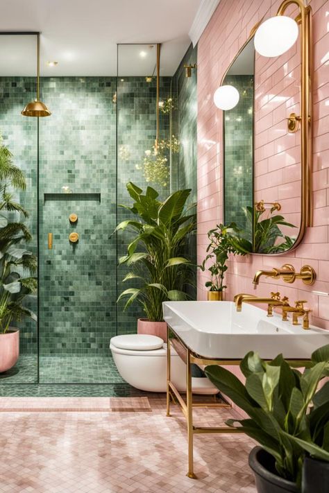 Green pink bathroom Pink Tiled Bathroom, Baie Vintage, Green And Pink Bathroom, Pink Tile Bathroom, Bathroom Decor Small, Decor Small Bathroom, Green Tile Bathroom, Tiled Bathroom, Bathroom Redesign