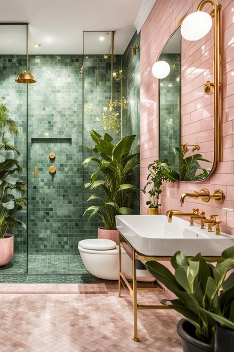 Green pink bathroom Pink Tiled Bathroom, Green And Pink Bathroom, Baie Vintage, Bathroom Decor Small, Green Tile Bathroom, Tiled Bathroom, Bathroom Design Decor, Boho Bathroom, Bathroom Inspiration Decor