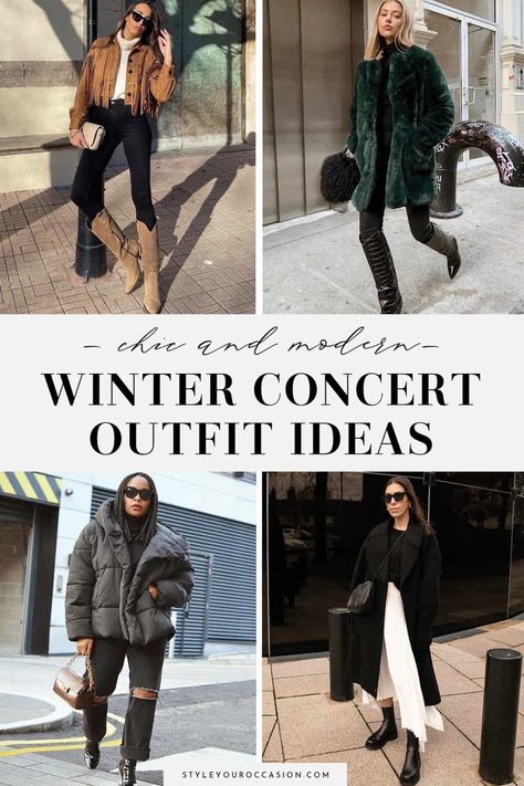 Looking for the perfect concert outfit for a cold winter day or night? This list has chic, modern, and stylish winter concert outfit ideas whether you are going to a rock concert, rap or hip hop concert, or need a cute winter country concert outfit to wear! There's casual ideas, dressier looks, petite, mid size, and plus size options for the perfect winter concert aesthetic! Winter Concert Outfit Night, Concert Outfit Fall Night, Winter Concert Outfits, Concert Outfits Winter, Concert Outfit Winter Night, Concert Outfit Winter Plus Size, 5sos Concert Outfit, Concert Outfit Night, Country Concert Outfit Winter