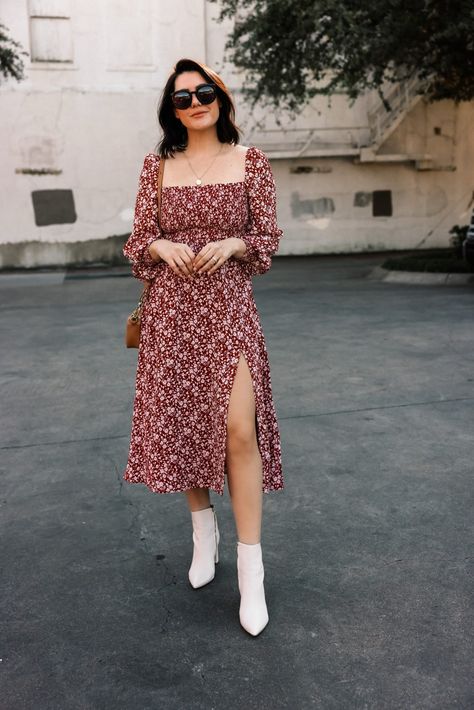 Reformation Red Floral Dress, Long Sleeved Casual Dresses, Everyday Long Dress, Fall Dress Midi, Midi Dresses With Long Sleeves, Long Sleeve Floral Dress Outfit, Everyday Midi Dress, Long Sleeved Midi Dress, Midi Dress Casual Fall