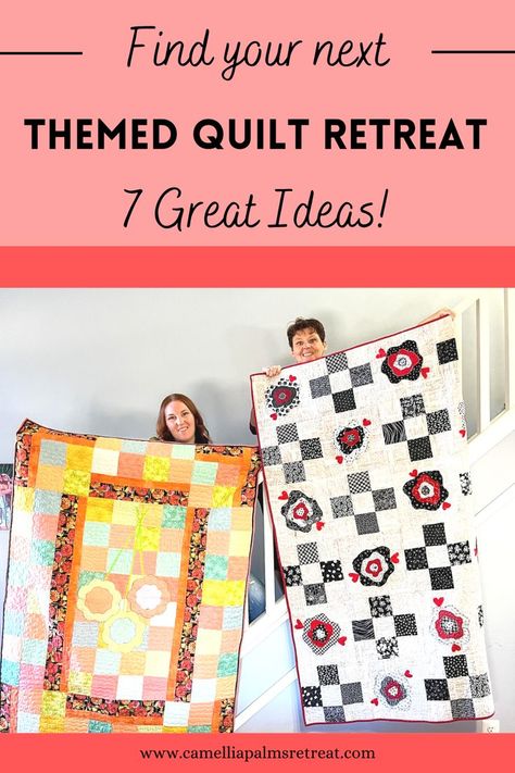 two women on a quilt retreat holding up their quilts they've made and smiling. Quilt Retreat Themes, Quilt Retreat Ideas, Quilt Retreat Favors, Retreat Themes, Quilt Scraps, Sewing Retreats, Retreat Ideas, Quilt Retreat, Retreat Center
