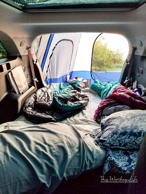 SUV Camping In The Kia Sorento Hatchback Car Camping, Camping In 4runner, Kia Soul Car Camping, Diy Suv Tent, Camping In Suv, Kia Soul Camping, Suv Hacks, Hatchback Camper, Car Glamping