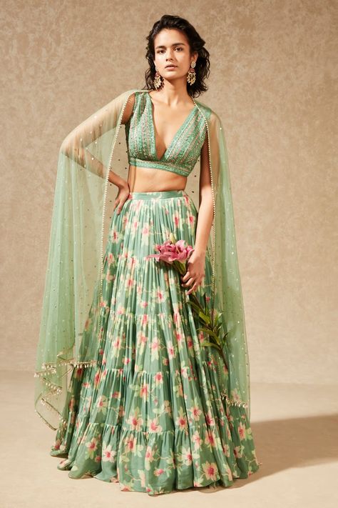 Buy Chamme and Palak Green Floral Print Lehenga Set Online | Aza Fashions Plunging Neckline Blouse, Georgette Skirt, Fabric Skirt, Green Tulle, Green Lehenga, Blouse Silk, Georgette Blouse, Beaded Neckline, Georgette Fabric