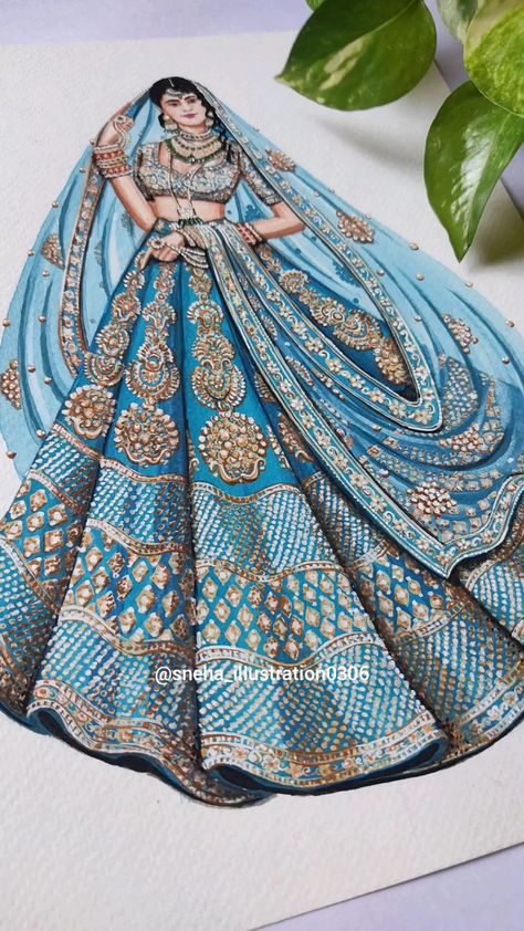 Croquis, How To Draw Sketches Fashion, Indian Wedding Outfits Drawing, Indian Bridal Lehenga Illustration, Lehanga Drawing Design, Indian Lehenga Drawing, Fashion Designing Illustration, Lehenga Designs Illustration, Bride Fashion Illustration Weddings