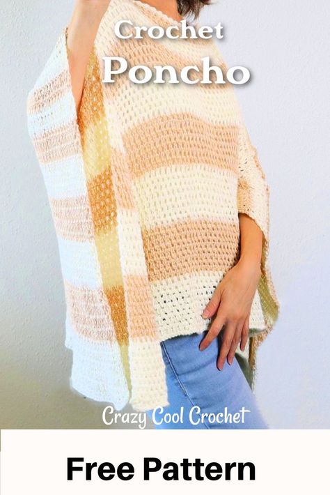EASY Pattern and Video Tutorial for this easy to wear crochet Poncho. One simple stitch. Use lightweight yarn to wear any season. #crochetponcho #crochetponchoforbeginners #easycrochetponcho #crochetshawlforbeginners #crochetshawl #crochettopforwomen #lightweightcrochettop #crazycoolcrochet #crochetponchovideo Ponchos, Lightweight Poncho Crochet Pattern, Easy Crochet Poncho For Beginners, Crochet Poncho Patterns Easy Free, Poncho Crochet Pattern Free, Crochet Poncho Free Pattern Woman, Crochet Turtleneck Sweater, Easy Crochet Poncho, Crochet Turtleneck