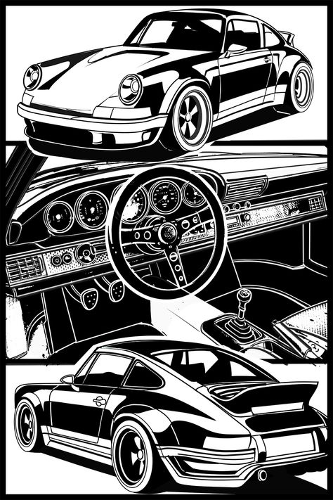 Hand drawn Porsche 911 Cars T Shirts Design, Car Poster Design Ideas, Porsche Car Design, Black And White Posters Printable, Car Graphic Design, Car Poster Design, Black And White Tshirt, Cars Posters, Porsche Art