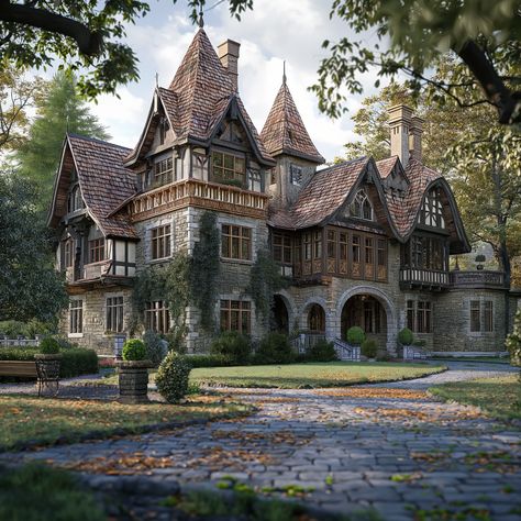 Discover the Elegance of Our Gothic Manor 🏰✨ A Church-Inspired Architectural Marvel. #LuxuryEstate #GothicDesign #ElegantLiving Gothic Manor Art, Small Castle Interior, Victorian Manor Exterior, Small Manor House, Fantasy Manor, Gothic Castle Interior, Victorian Manor House, Castle Style Homes, Medieval Mansion