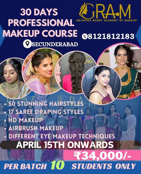Join in HYDERABAD’s Makeup Academy at RS 34,000/- only starting from APRIL 15th , 2024 . 30 Days Professional Basic to Advanced Makeup and Hairstyle Course Contact us at 📲8121812183 This advanced makeup artist course gives a deeper understanding of advanced makeup techniques. Learn the tricks and tips from top-notch makeup expert to gain expertise and to create a long-lasting smudge proof makeovers. 💗 ELIGIBILITY: People who love makeup even with zero basic makeup knowledge can enroll in thi... Makeup Knowledge, Advanced Makeup, Makeup Artist Course, Makeup And Hairstyle, Makeup Course, Makeup Academy, Basic Makeup, Tricks And Tips, April 15