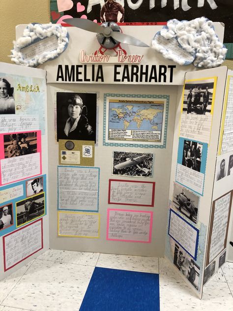 3rd Grade Poster Board Projects, History Fair Board Layout, History Tri Fold Board Ideas, Poster Board Ideas School Project Famous Person, Trifold Poster Board Ideas History, Creative Tri Fold Board Ideas, Tri Fold Poster Board Ideas Aesthetic, Poster Board Project Ideas, Amelia Earhart Poster Project