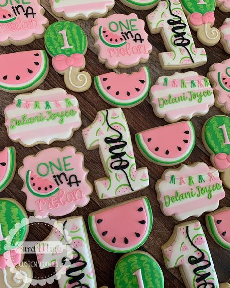 Rock Cookies, Watermelon Party Theme, Watermelon Birthday Party Theme, Melon Birthday, One In A Melon Birthday, Baby First Birthday Themes, First Birthday Cookies, Watermelon Birthday Parties, 1st Birthday Party For Girls