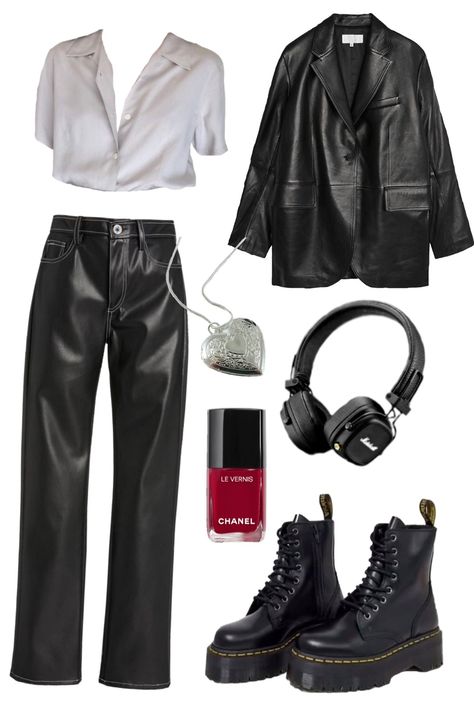 leather jacket and trousers, Doc Martens, white blouse, red nail polish, headphones and heart necklace Rockstar Clothing Aesthetic, Rockstars Gf Outfits Aesthetic, Simple Rock Outfit, Rockstar Gf Aesthetic Outfits Casual, Rockstar Style Aesthetic, Rockstar Casual Outfit, Simple Rockstar Outfit, Rockstars Gf Nails, Rockstar Outfit For Women Aesthetic