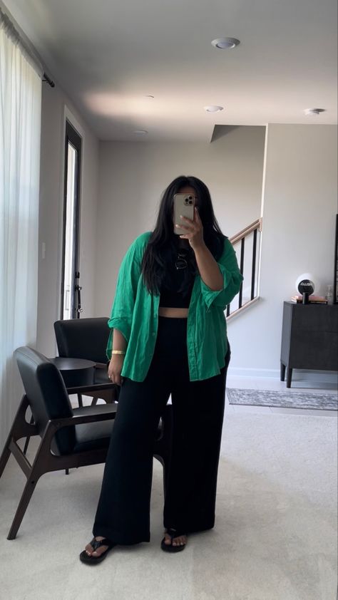 Green shirt, spring summer outfit Green Outfit Midsize, Midsize Button Up Shirt Outfit, Plus Size Weekend Getaway Outfits, Trendy Summer Outfits Plus Size, Chubby Short Girl Outfits, Minimalist Plus Size Outfits, Oversized Outfit Plus Size, Curvy Trendy Outfits, Plus Size Green Outfits