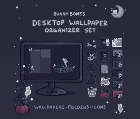 ☾｡o｡ ☽ 💀 ☾ ｡o｡☽ A ghostly bunny desktop set for anyone who might like some soft spooky vibes on their desktop. Customize your icons, folders, shortcuts, and mouse cursor with matching theme and clean up your desktop with the organizer wallpaper. This set includes: 1 Organizer wallpaper in 5 different sizes 1 Desktop wallpaper in 5 different sizes 6 Colored folder icons 11 Other icons 2 Recycle bin icons 4 Mouse cursors 2 Sizes of phone wallpapers Also includes a PDF with links to help/instructi Recycle Bin Icon, Computer Theme, Twitch Streaming Setup, Wallpaper Organizer, Desktop Themes, Desktop Icons, Desktop Wallpaper Organizer, Streaming Setup, Gaming Setups