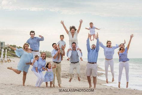 Family Beach Pictures Poses Outfit Ideas, Beach Sunset Family Photos Outfits Color Schemes, Nashville Family Photos, Blue White Khaki Family Pictures Beach, Big Family Beach Photos, Family Poses With Grandparents, Extended Family Beach Pictures Outfits, Family Pics On The Beach, Blue And White Beach Pictures Family