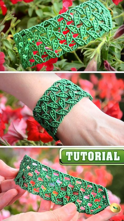 Leaves with beads Macrame Macrame Beads Wall Hanging, Macrame Bracelets Patterns, Macrame Belts Diy Patterns, Crocheting With Beads, Beaded Crochet Patterns, Macrame Bracelet Patterns Tutorials, Micro Macrame Tutorial Free, Knot Bracelet Patterns, Sweater Knitting Patterns Free