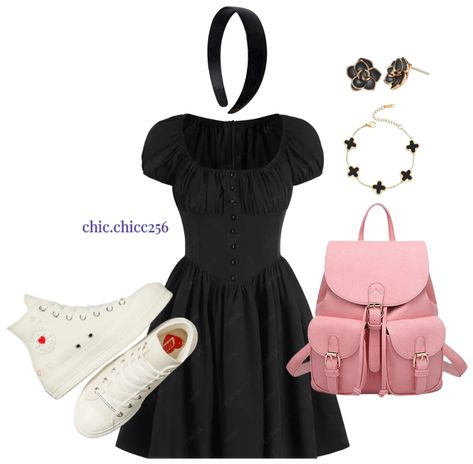 Cute school girl outfit ideas | this is a cute look to wear to school/University Black And Gold Jewelry, University Fashion, Casual Cottagecore, Black Dress Outfit, University Outfit, University Girl, University Style, School University, Top Sneakers Women