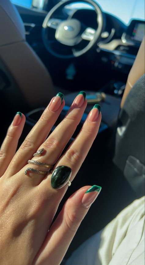 green nails christmas nails french tip Forest Green Tips Nails, Nails For A Green Hoco Dress, Square Green Nail Designs, Christmas French Tips Green, Emerald Green French Tip Nails Oval, First Green Nails, Green French Gel Nails, Sparkle Green French Tip Nails, Green Tip Nails Coffin