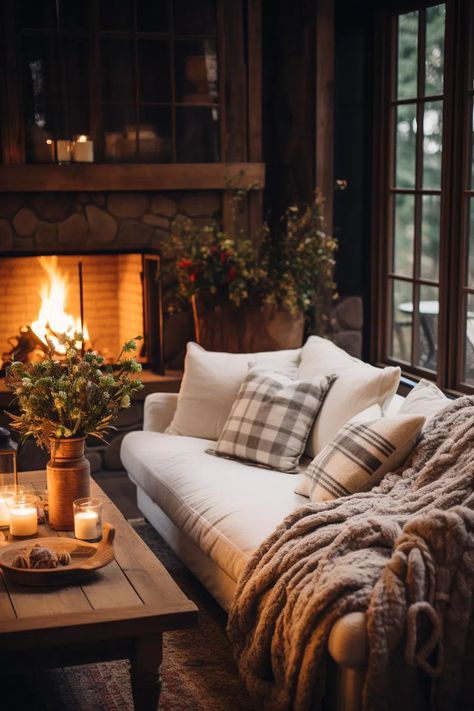 20 Cozy Living Rooms to Curl Up And Stay a While Cozy Cabin Aesthetic, Cozy Workspace, Cozy Living Room Ideas, Moody Living Room, Oversized Armchair, Cabin Aesthetic, Candle Arrangements, Cozy Den, Relaxing Space