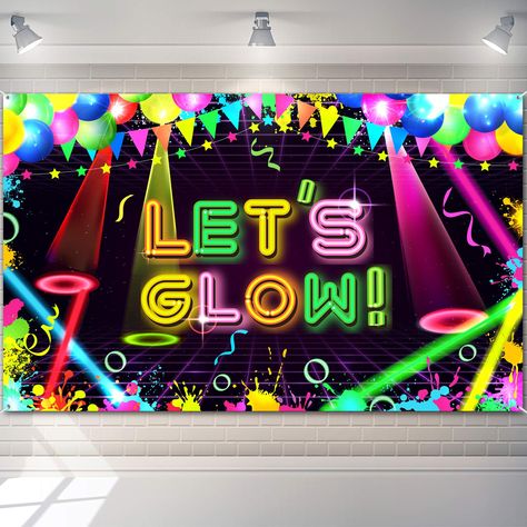 PRICES MAY VARY. Glow neon backdrop: this glow party backdrop is printed with colorful laser ray, disco retro lights, colorful splatter and balloons, in line with your neon theme party, with vibrant color and exquisite pattern, this glow party backdrop will be the focus of your party and leave your guest deep impression Package include: you will receive 1 piece let glow banner measuring 5.9 x 3.6 ft/ 1.8 x 1.1 m and it is equipped with a 20 ft/ 6 m white string, extra large size to catch people' Neon Themed Party, Neon Glow Party, Glow Party Decorations, Neon Party Decorations, Fest Temaer, Neon Birthday Party, Glow Party Supplies, Glow Birthday Party, Neon Birthday