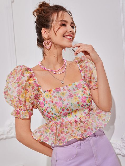 Multicolor Boho  Short Sleeve Organza Floral,All Over Print Peplum Embellished Non-Stretch Summer Women Tops, Blouses & Tee Floral Top Designs For Women, Trendy Blouse Designs Short Sleeve, Summer Top Ideas For Women, Blouse Top Designs, Top For Women Stylish Summer, Neck Designs For Crop Top, Floral Top Design, Organza Tops For Women, Organza Top Design