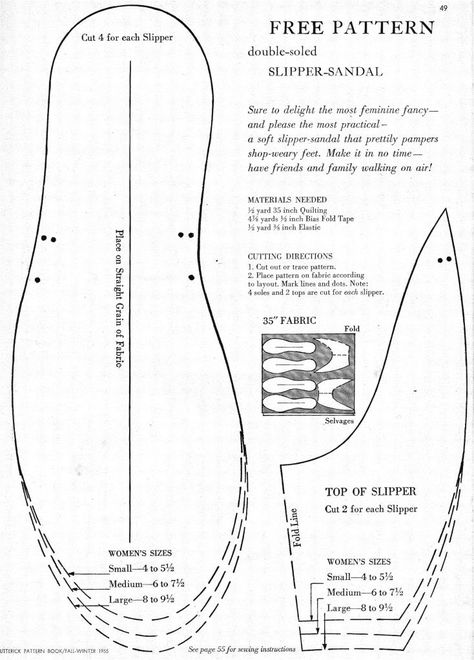 what-i-found: Free Pattern for Double-Soled Slipper-Sandal! 1955 Sew Ins, Homemade Slippers, Moccasin Patterns, Återvinna Jeans, Sewing Slippers, Diy Sy, Slipper Pattern, Diy Slippers, Costura Diy