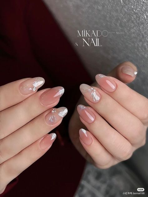 Nail Art Designs Korean Style, Minimal Nail Art Designs, Simple Polygel Nail Designs, Japanese Gel Nail Designs Simple, Short Almond Gel Nails Ideas, Bridal Nails With Pearls, Korean Wedding Nails, Yuna Itzy Nails, Prom Nails Acrylic Red