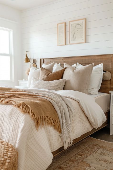 How to Decorate a Small Bedroom with a king size Bed White Bedroom Wood Furniture, Wooden Bed Styling, Farmhouse Guest Bedroom Small, Neutral And Rust Bedroom, Simple Modern Farmhouse Bedroom, Light Wood Furniture Bedroom Ideas, Boho Bed Linen, Bedroom King Bed Decor, Cute Farmhouse Bedrooms