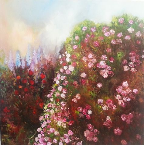 Oil painting' rose bush Pastel, Garden Of Roses Painting, Rose Bushes Drawing, Flower Bushes Drawing, Rose Garden Painting Acrylic, Flower Bush Drawing, Flower Bush Painting, Rose Bush Drawing, Rose Bush Painting