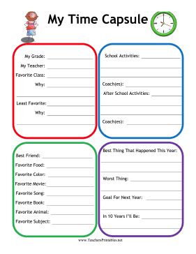 Students in any grade can record their favorites, classes, friends and memories of school with this printable time capsule worksheet. Free to download and print Time Capsule Worksheet, Time Capsule For Kids, School Time Capsule, Time Capsule Kids, Kids Activities At Home, Preschool Graduation, School Calendar, School Memories, Teacher Printable