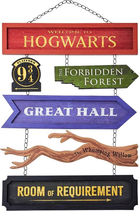 Obsessed with Harry Potter? Add this officially licensed Welcome to Hogwarts Direction Sign to your home décor collection and celebrate your favorite wizard! Measuring 20 inches in height by 15.5 inches in width, this high-quality decoration has a design we know you’ll fall in love with. It’s made of wood, paper, and metal material. Hogwarts Sign, Halloween Harry Potter, Direction Sign, Welcome To Hogwarts, Harry Potter Halloween, Harry Potter Crafts, Directional Signs, Harry Potter Birthday, 8th Birthday