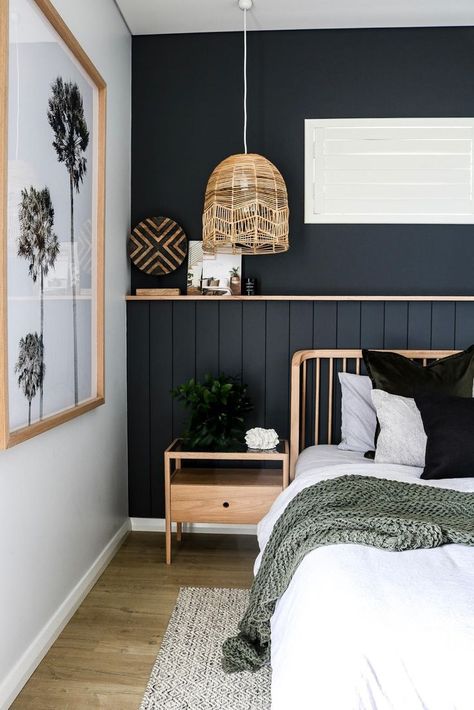 Black Feature Wall: Unlocking The Secrets Of Styling Like A Pro Wall Corner Shelves Bedroom, Simple Bohemian Interior Design, Bedroom Bedhead Wall, Master Room Feature Wall, Bedroom Feature Walls Ideas, Bedhead Wall Ideas, Guest Room Feature Wall, Boho Bedroom Feature Wall, Black Vj Panelling Bedroom