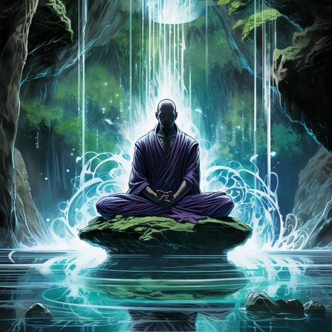 monk under waterfall inlustraton in a marvel comic book style Fantasy Monk Art, Monk Poses Reference, Monk Meditation Art, Meditation Pose Drawing, Monk Aesthetic, Dnd Monk, Warrior Monk, Monk Pictures, Waterfall Drawing