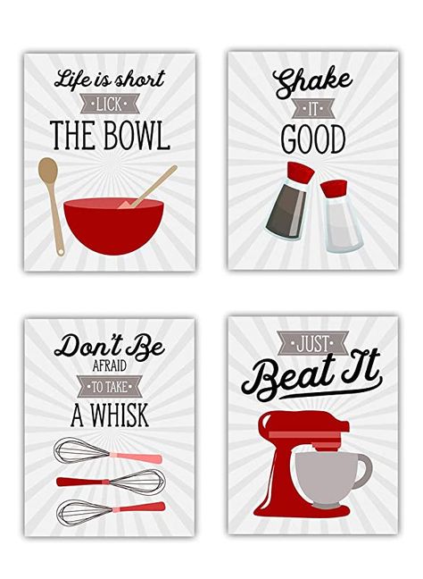 Red White Kitchen, Red Kitchen Walls, White Kitchen Utensils, Kitchen Wall Art Set, Retro Vintage Kitchen, Red Wall Decor, Kitchen Wall Art Printables, Farmhouse Country Decor, Red And White Kitchen