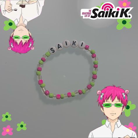 Anime Inspired Beaded Jewelry, Saiki K Bracelet, Bracelet Ideas Characters, Kny Bracelets, Anime Bracelet Beads, Anime Beaded Jewelry, Anime Beaded Bracelets, Anime Bracelet Ideas, Gojo Bracelet