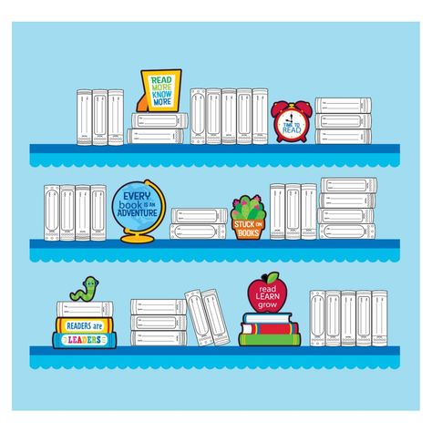 Make your classroom bulletin board stand out and be noticed! This classroom decorating set comes with a collection of different colorful designs that you can put all at once or use to switch up the look frequently. Blank book-shaped cutouts have lines for "Author" and "Book title" that can be filled in with students' names and accomplishments. They'll love seeing their name in print! You might also use the book titles to represent the books you read together...or the books students finish on the Books We Love Bulletin Board, Book Shelf Bulletin Board, Bookshelf Bulletin Board, Book Shelf Styling, Middle School Classroom Decor, Student Of The Week, Read Together, Classroom Bulletin Board, Birthday Bulletin Boards