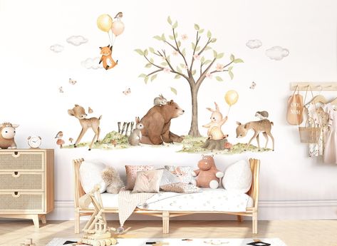 Forest Animals Wall Tattoo for Children's Room Bear Rabbit - Etsy Baby Room Wall Stickers, Woodland Wall Decals, Woodland Stickers, Boho Baby Room, Animal Learning, Jungle Wall, Woodland Wall, Animal Wall Decals, Fabric Wall Decals