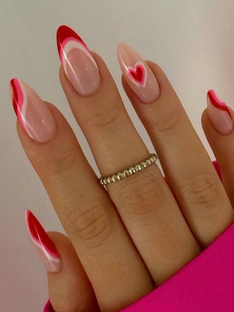 pink and red french tips with swirls and a  heart Valentine Nails, Nail Swag, Manikur Kuku, Heart Nail Designs, Nail Designs Valentines, Makijaż Smokey Eye, Nagel Inspo, Cat Kuku, Stick On Nails