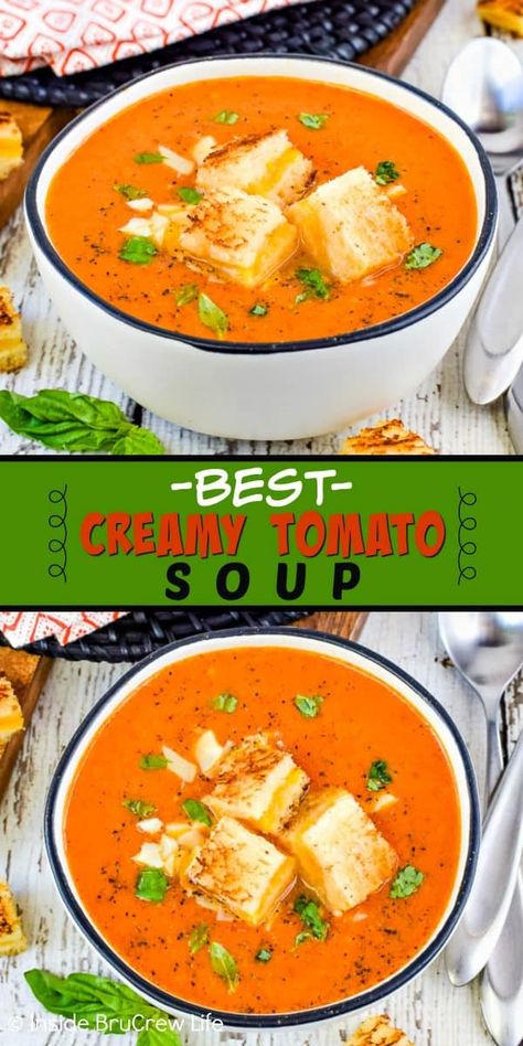 Best Creamy Tomato Soup - a pot of this homemade tomato soup and grilled cheese can be on your dinner table in under 30 minutes. Make this easy comfort food recipe for cold chilly nights! #tomatosoup #soup #tomatoes #homemade #comfortfood Tomato Soup And Grilled Cheese, Soup And Grilled Cheese, Creamy Tomato Soup Recipe, Homemade Tomato Soup, Tomato Soup Homemade, Creamy Tomato Soup, Comfort Food Southern, Soup Kitchen, Comfort Food Recipes Dinners