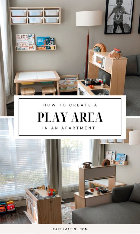 Small Play Area In Bedroom, Playing Area In Living Room, Living Room With Toys Play Areas, Half Living Room Half Playroom, Kid Play Corner In Living Room, Small Area Playroom Ideas, Small Playroom In Living Room, Playroom Area In Living Room, Simple Play Area In Living Room