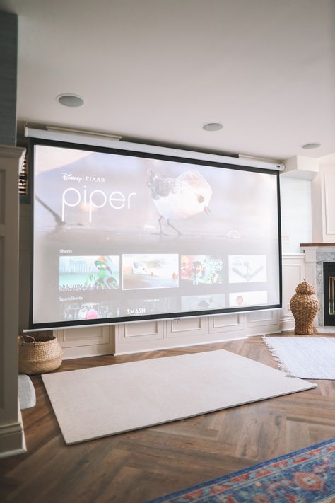 Movie Room At Home, Projector In Family Room, Living Room Home Theater Ideas, Home Theater Playroom, Entertainment Room With Projector, Projector Movie Room Ideas, Projector Theater Room, Projector Screen Movie Room, Basement Ideas With Projector