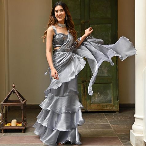 The Grey Ruffle Saree With Full Sequence Blouse For Wedding Reception Cocktail Saree, Designer-Made Wedding Indo-Western Clothing For Women. Organza Ruffle Saree, Black Ruffle Saree, Ruffle Saree Designs, Wedding Reception Cocktail, Cocktail Saree, Indo Western Saree, Ruffled Saree, Blouse For Wedding, Reception Cocktail